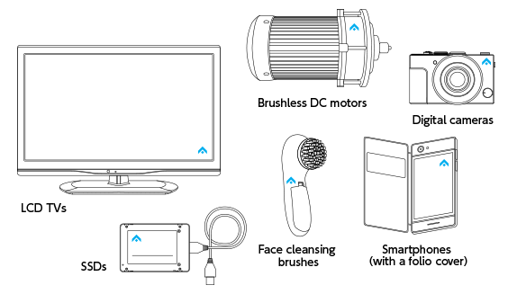 LCD TVs, Brushless DC motors, Digital cameras, SSDs, Face cleansing brushes, Smartphones (with a folio cover)