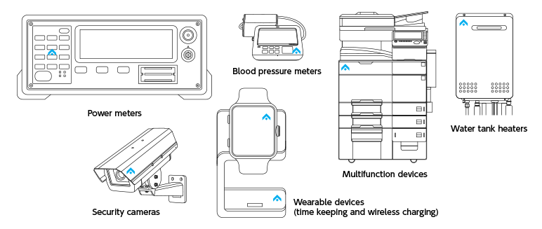 Power meters, Security cameras, Blood pressure meters, Multifunction devices, Water tank heaters, Wearable devices (time keeping and wireless charging)