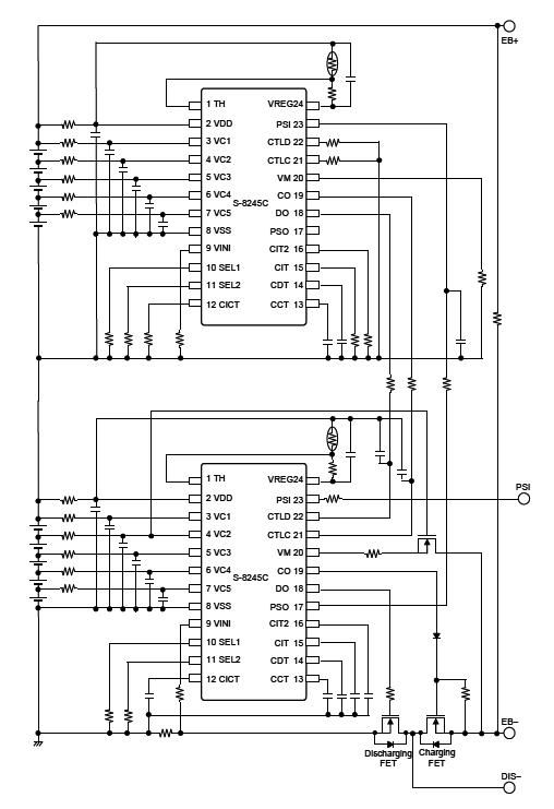 This figure shows an example of a 10-cell protection circuit using the S-8245C Series.