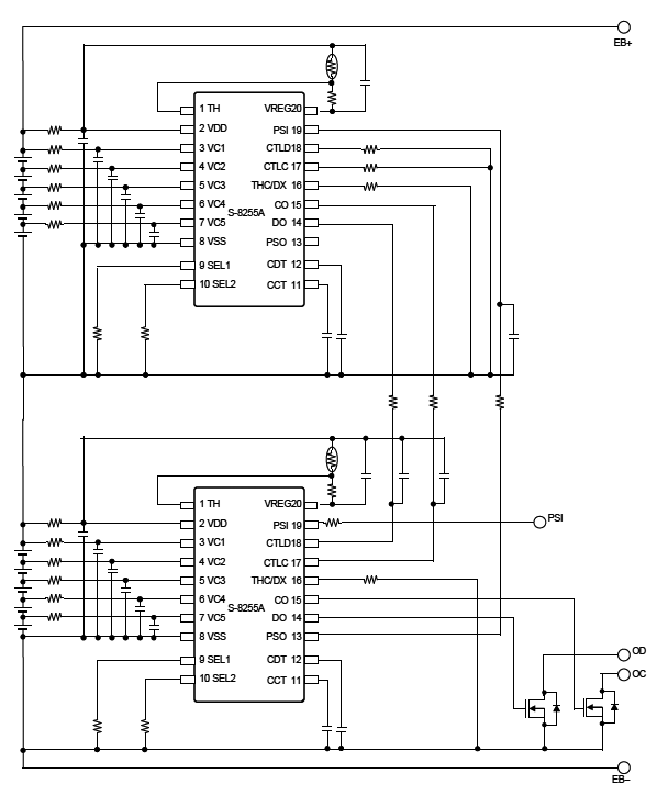This figure shows an example of a 10-cell protection circuit using the S-8255A Series.