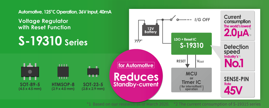 Automotive, 125°C Operation, 36 V Input, 40 mA Voltage Regulator with Input Monitoring Reset Function S-19310/5/6 Series Reduces standby current